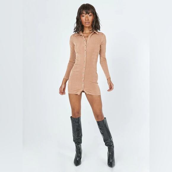 PRINCESS POLLY Elody Long Sleeve Mini Dress Brown NWT Size 2 - Picture 7 of 8